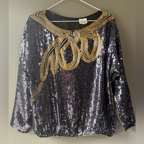 Vintage 80s Sequin Beaded 100% Silk size Small Black Gold Top, Evening - Picture 2 of 6